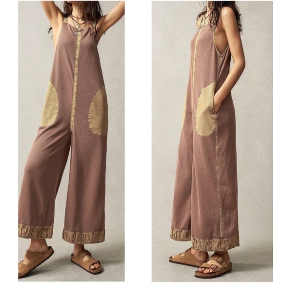 Boho Color Block Tie Back Wide Leg Pockets Jumpsuit - Picture 5 of 6